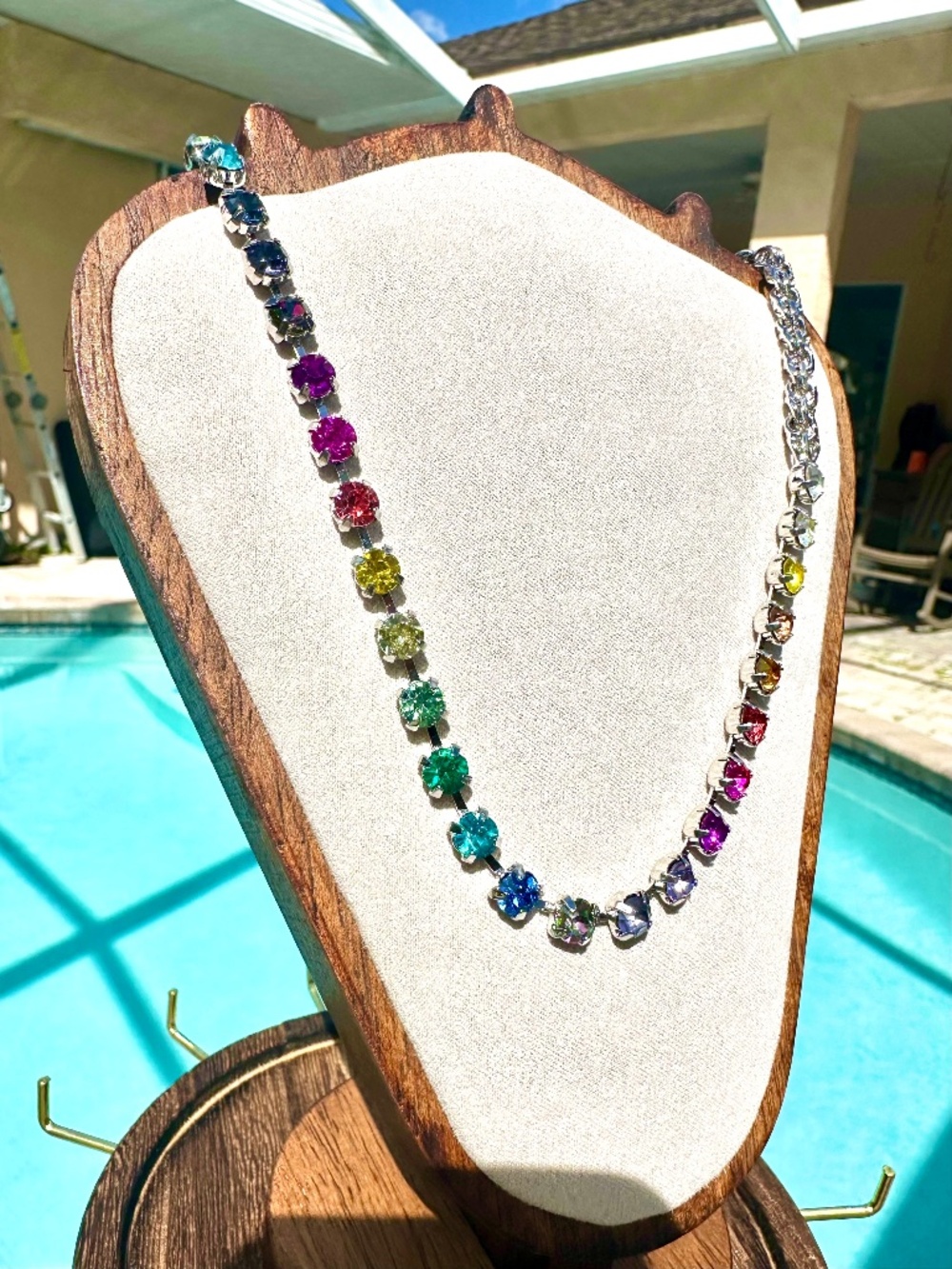 Rainbow Rhinestone Chain Necklace - Silver - Picture 1 of 6